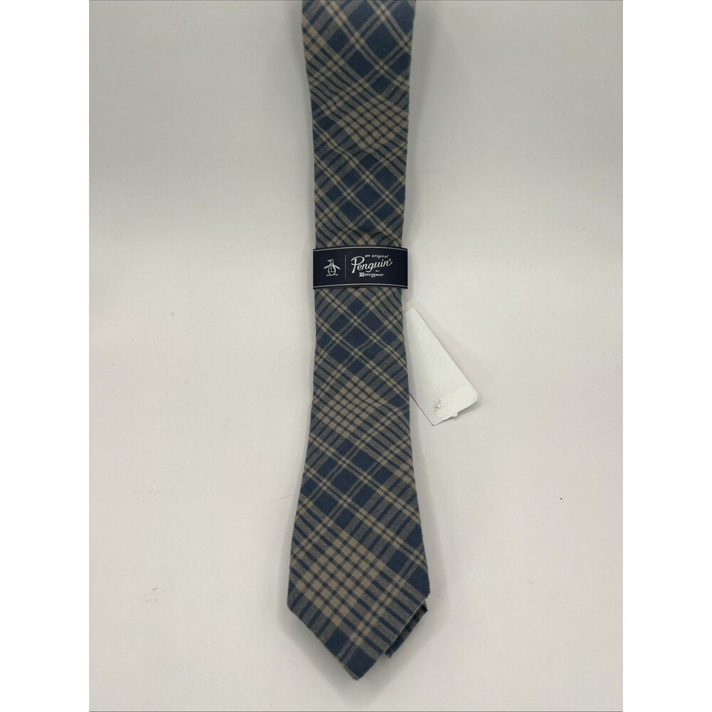 Original Penguin Skinny Necktie 100% Cotton Light Blue Gray Plaid NEW $55